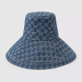 Washed denim wide brim hat in blue and ivory US at Gucci